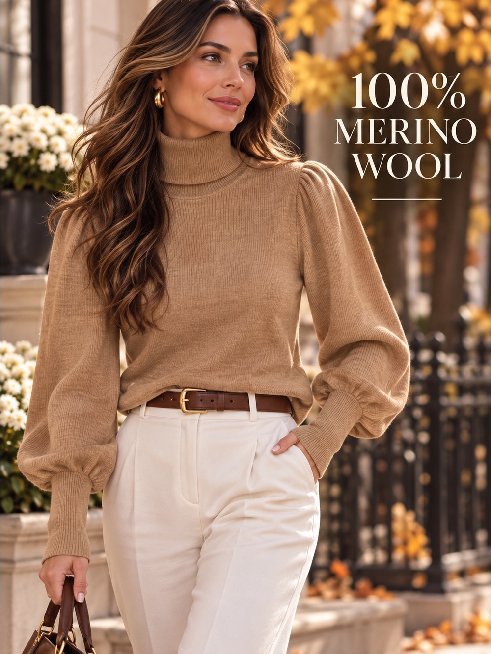 J.Crew 100% Merino Wool Turtleneck Balloon Sleeve Sweater Camel Small